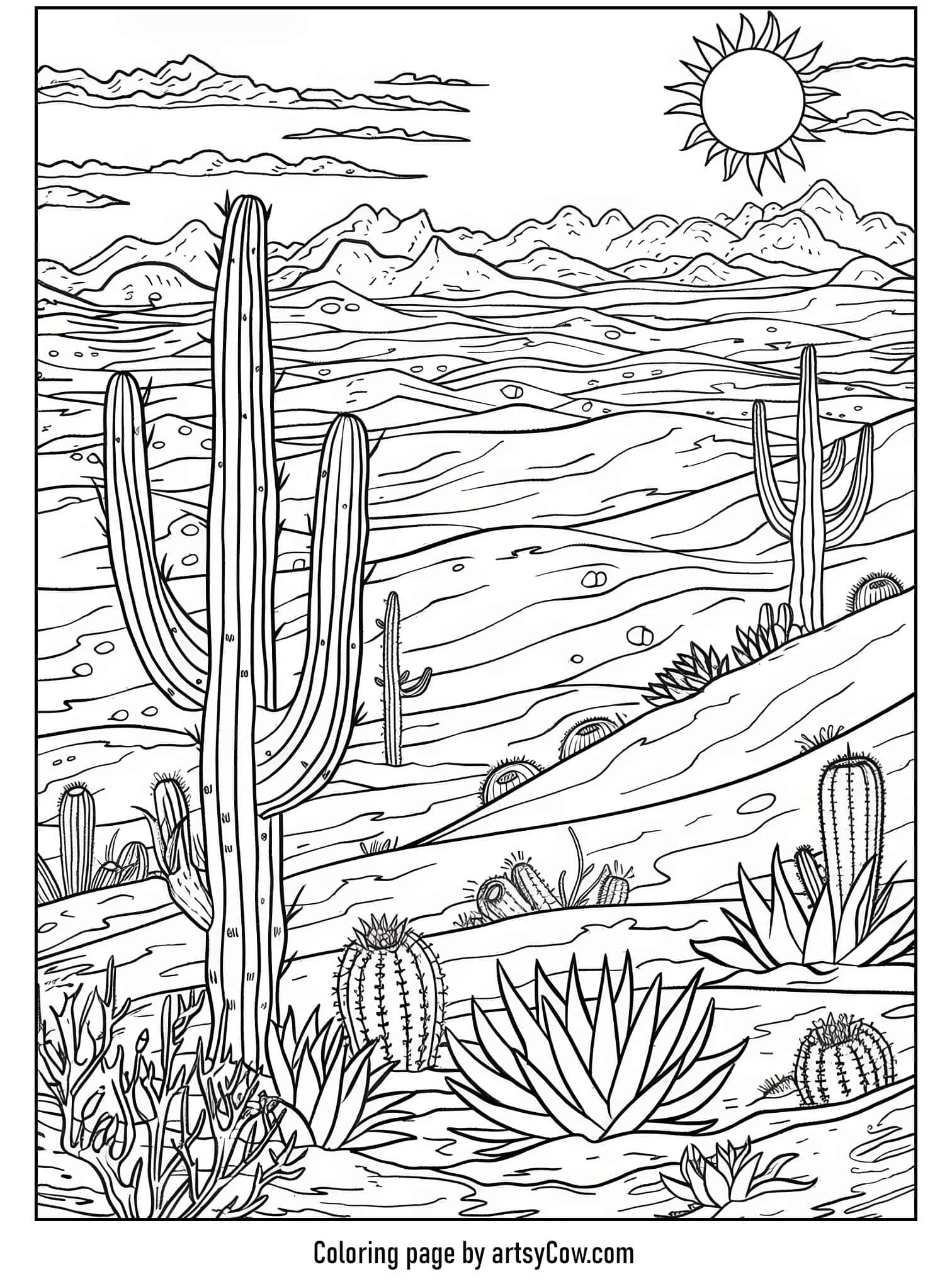 a desert scene with a variety of cacti under a bright sun with distant mountains